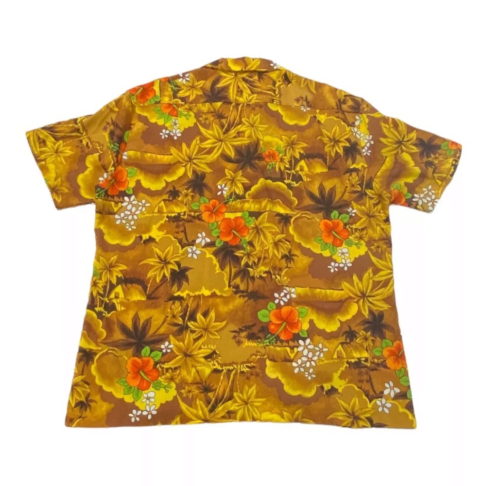 Vintage Royal Hawaiian Gold Shirt Sz XL Polynesian Palm Tiki Hut Flora Made HAW